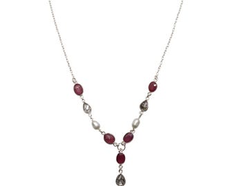 Sterlingzilveren ketting met robijn en parel | Edelsteenhanger, huwelijkssieraden