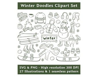 Winter Doodles Clipart Set SVG PNG - Hand Drawn Holiday Illustrations