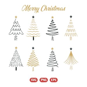 May include: A collection of eight minimalist Christmas tree designs in black and gold, each topped with a star. The words "Merry Christmas" are written in elegant script above the trees. The image includes SVG, PNG, and EPS file type icons.