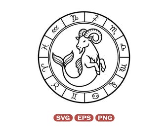 May include: Black and white Capricorn zodiac sign illustration. The design features a goat with a fish tail inside a circular frame with zodiac symbols. The image includes the text "SVG EPS PNG".