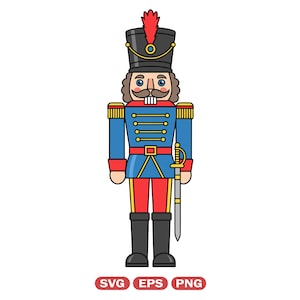 May include: A colorful illustration of a nutcracker soldier. The nutcracker is dressed in a blue jacket with gold buttons, red pants, and black boots. It has a black hat with a red plume and a sword at its side. The image has the text "SVG EPS PNG" at the bottom.