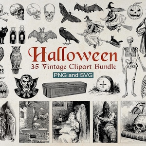 Vintage Halloween Clipart Bundle – 35 SVG and PNG Clip Art – Spooky Skeleton, Witch, Skull – Perfect for Sublimation and Scrapbooking