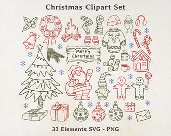 Christmas Doodle Clipart Set SVG PNG - Hand Drawn Holiday Illustration