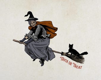 Vintage Halloween Witch Clipart - Flying Witch with Black Cat - Printable SVG PNG Retro Design