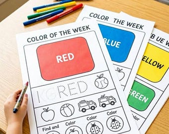 Afdrukbare leerkleuren, werkbladen voor kleur van de week voor de kleuterschool, kleurplaten, peuteractiviteiten, direct downloaden