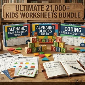 May include: A collection of educational materials including three boxes labeled Alphabet Logic & Patterns, Alphabet Blocks, and Coding Logic & Algorithms. Includes printed worksheets, wooden alphabet blocks, a notebook with handwritten text, and a sign.