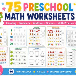 May include: A digital collection of 75 preschool math worksheets featuring colorful graphics of bears, apples, stars, cars, pencils, and balloons. The pages include exercises for counting, number tracing, addition, subtraction, shapes, and simple math.