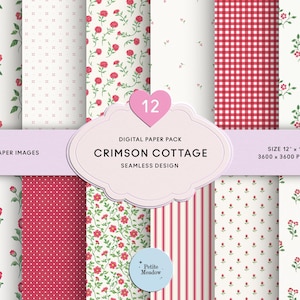 Carta digitale floreale rossa vintage con acquerello, carta stampabile shabby chic senza soluzione di continuità, confezione di carta per scrapbooking floreale rossa, diario rustico