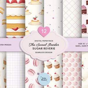 Puede incluir: Un paquete de papel digital con 12 diseños sin costuras con temática dulce. Los diseños incluyen ilustraciones de pasteles, conos de helado, macarons, cupcakes y batidos. El paquete se titula "The Sweet Parlor Sugar Reverie" y mide 30,48 x 30,48 cm.
