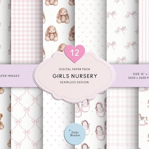 Peut inclure: Un pack de papier numérique avec 12 images sur le thème de la chambre de bébé fille. Les motifs incluent des ours en peluche, des lapins, des chevaux à bascule, des chaussures de bébé et des blocs, le tout dans des motifs rose et blanc doux. Le pack est de 30.48 x 30.48 cm.