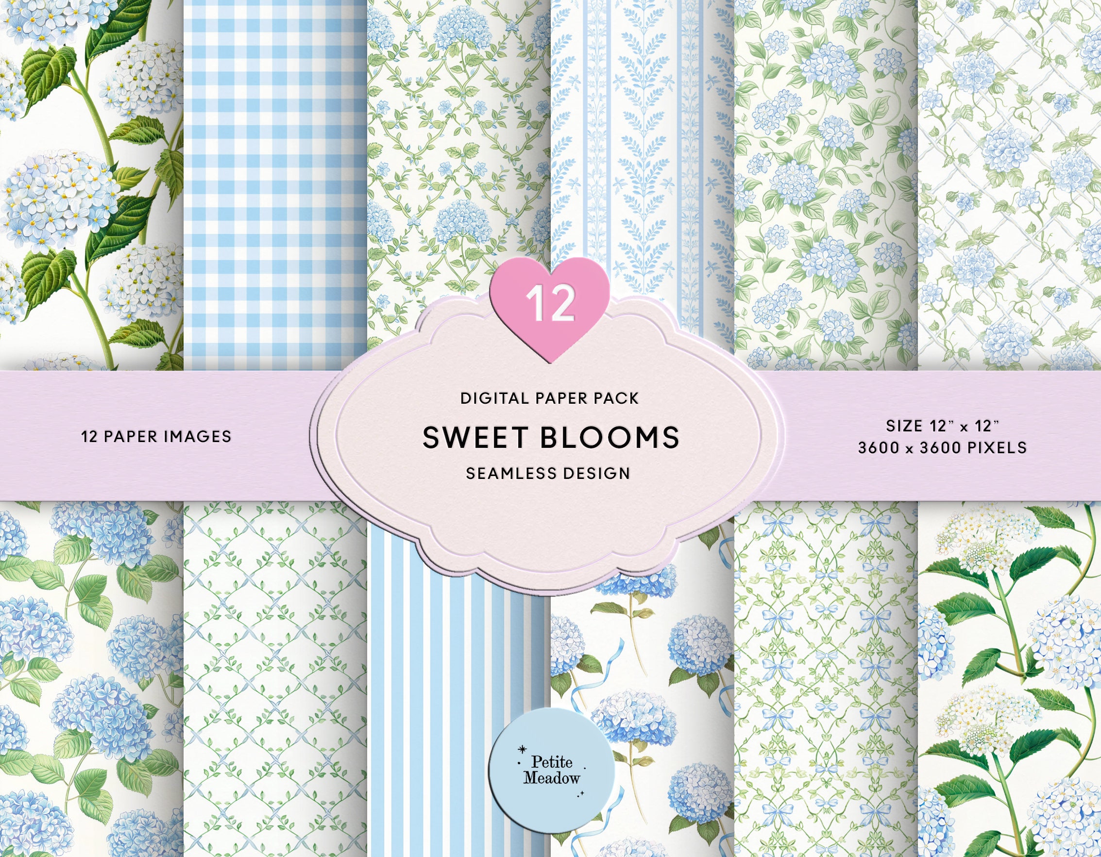 Vintage Blue Hydrangea Floral Digital Paper: Shabby Chic Scrapbook (Digital Download)