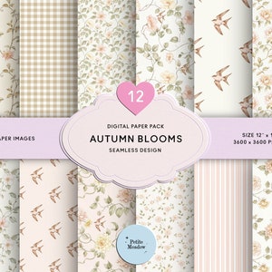 Papier numérique floral pêche aquarelle vintage beige sans couture shabby chic imprimable paquet de papier oiseau papier de scrapbooking automne bohème journal indésirable