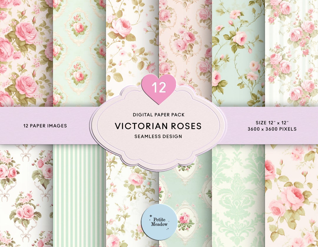 Victorian Pink Roses Digital Paper Pack, Vintage Ditsy Rose Patterns ...