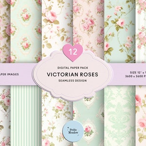 Aquarelle victorienne roses roses papier numérique sans couture shabby chic menthe imprimable paquet de petites roses petites roses papier scrapbooking journal floral indésirable