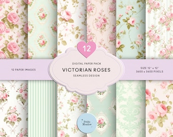 Victorian Watercolor Pink Roses Digital Paper Seamless Shabby Chic Mint Printable Paper Pack Ditsy Roses Scrapbook Paper Floral Junk Journal