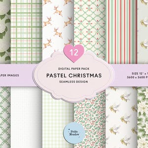 Papier numérique de Noël pastel aquarelle sans couture, cerf pastel houx, paquet de papier imprimable Scrapbooking, fabrication de cartes journal de Noël