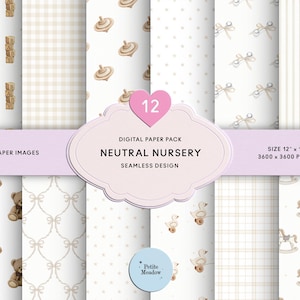 May include: A digital paper pack with 12 seamless designs for a neutral nursery. Patterns include baby blocks, gingham, spinning tops, hearts, rattles, stripes, teddy bears, bows, dots, ducks, and rocking horses. Size: 30.48 cm x 30.48 cm, 3600 x 3600 pixels.