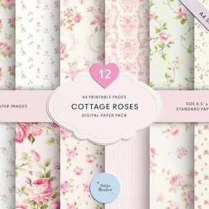 Papel digital A4 con rosas rosas de acuarela vintage, estilo shabby chic, 8,5 x 11 pulgadas, para imprimir, para álbumes de recortes con rosas ditsy, fondo digital, para diario basura.