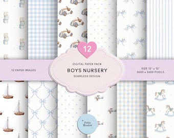 Baby Boy Digital Paper Pack, Preppy Blue Nursery Seamless Patterns, Blue Gingham Paper, Blue & White Scrapbook Paper, Baby Shower Journal