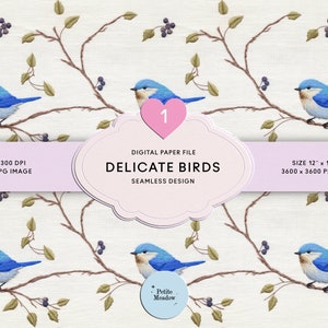 Blue Bird Faux Embroidery Pattern: Botanical Digital Paper (12x12 inches)