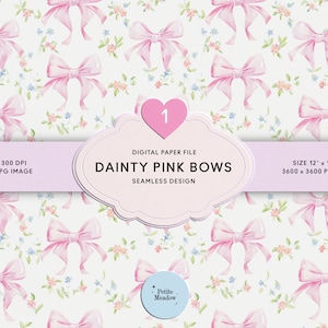 Pink Bow & Floral Pastel Seamless Pattern Ditsy Digital Paper Junk Journal Pink Ribbon Sublimation Baby Girl Pattern Preppy Fabric Pattern