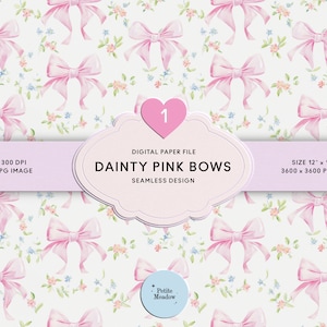 Pink Bow Floral Seamless Pattern: Pastel Ditsy Digital Paper (12x12 inches)