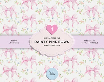 Pink Bow & Floral Pastel Seamless Pattern Ditsy Digital Paper Junk Journal Pink Ribbon Sublimation Baby Girl Pattern Preppy Fabric Pattern