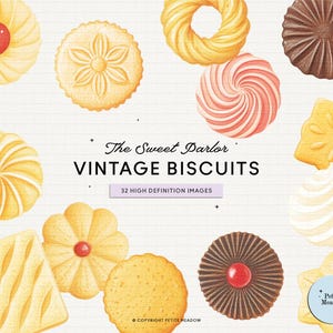 May include: An illustration of various vintage biscuits in different shapes and colors. The image includes round, flower-shaped, and star-shaped biscuits, with some featuring red cherries or spiral designs. Text reads "The Sweet Parlor Vintage Biscuits."