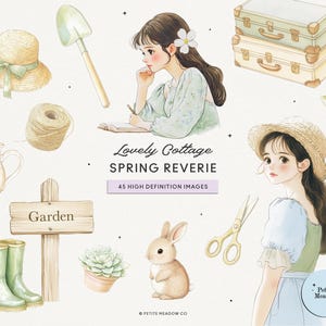 水彩画の春のイラストクリップアートバンドル、素朴なクリップアート、かわいいプランナーガール、PNG、コテージソウルステッカー、デジタルダウンロード、商用利用可
