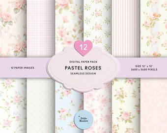 Vintage Pastel Pink Roses Digital Paper Seamless Shabby Chic Printable Paper Pack Watercolor Rose Scrapbook Paper Collage Sheet Junk Journal