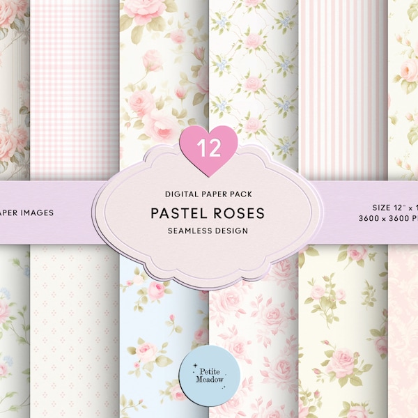 Vintage Pastel Pink Roses Digital Paper Seamless Shabby Chic Printable Paper Pack Watercolor Rose Scrapbook Paper Collage Sheet Junk Journal