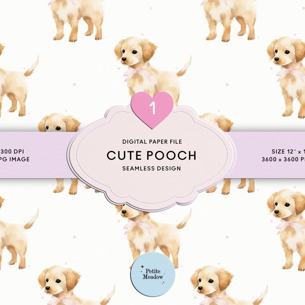 Watercolor Dog Seamless Pattern Pink Bow Preppy Repeating Pattern Golden Retriever Fabric Sublimation Grandmillennial Pink Bow Fabric Print