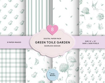 Green Toile De Jouy Digital Paper Pack, Green Floral Chinoiserie Seamless Pattern, Vintage French Toile Scrapbook Paper, Shabby Chic Journal