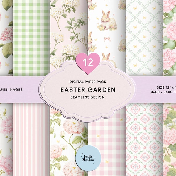 Watercolor Bunny Easter Digital Paper Seamless Shabby Chic Printable Paper Pastel Pink Floral Scrapbook Paper Pink Baby Girl Junk Journal