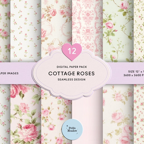 Vintage Watercolor Pink Roses Digital Paper Seamless Shabby Chic Printable Paper Pack Ditsy Roses Scrapbook Paper Collage Sheet Junk Journal