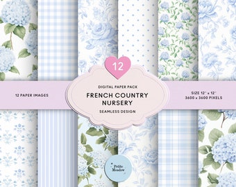 Blue Floral Watercolor Digital Paper: French Country Scrapbook (Digital Download)