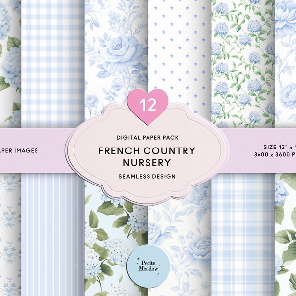 Watercolor Blue Floral Digital Paper Seamless Shabby Chic HD Printable Paper French Country Fabric Scrapbook Paper Blue Nursery Junk Journal