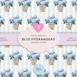 Watercolor Blue Hydrangea Seamless Pattern: Preppy Fabric Print (Digital Download)