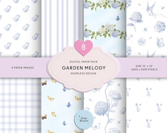 Romantisches blaues Toile Floral Digital Paper Pack, Chinoiserie Floral Seamless Pattern, Pastell Kinderzimmer Scrapbook Papier, Shabby Chic Junk Journal