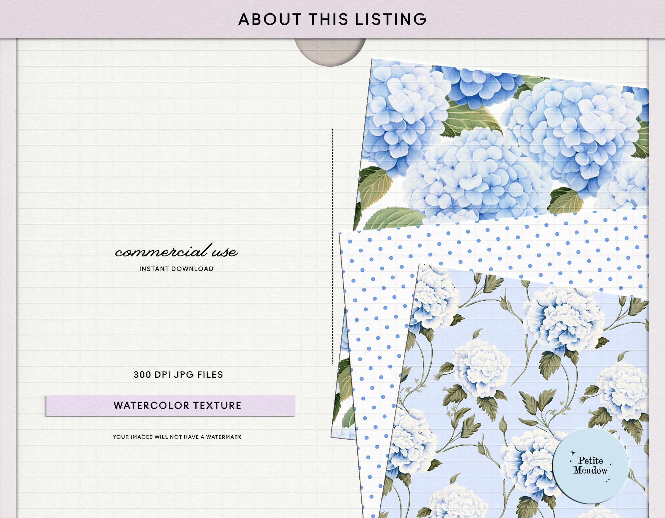Watercolor Blue & White Floral Digital Paper Pack, Royal Blue Seamless ...