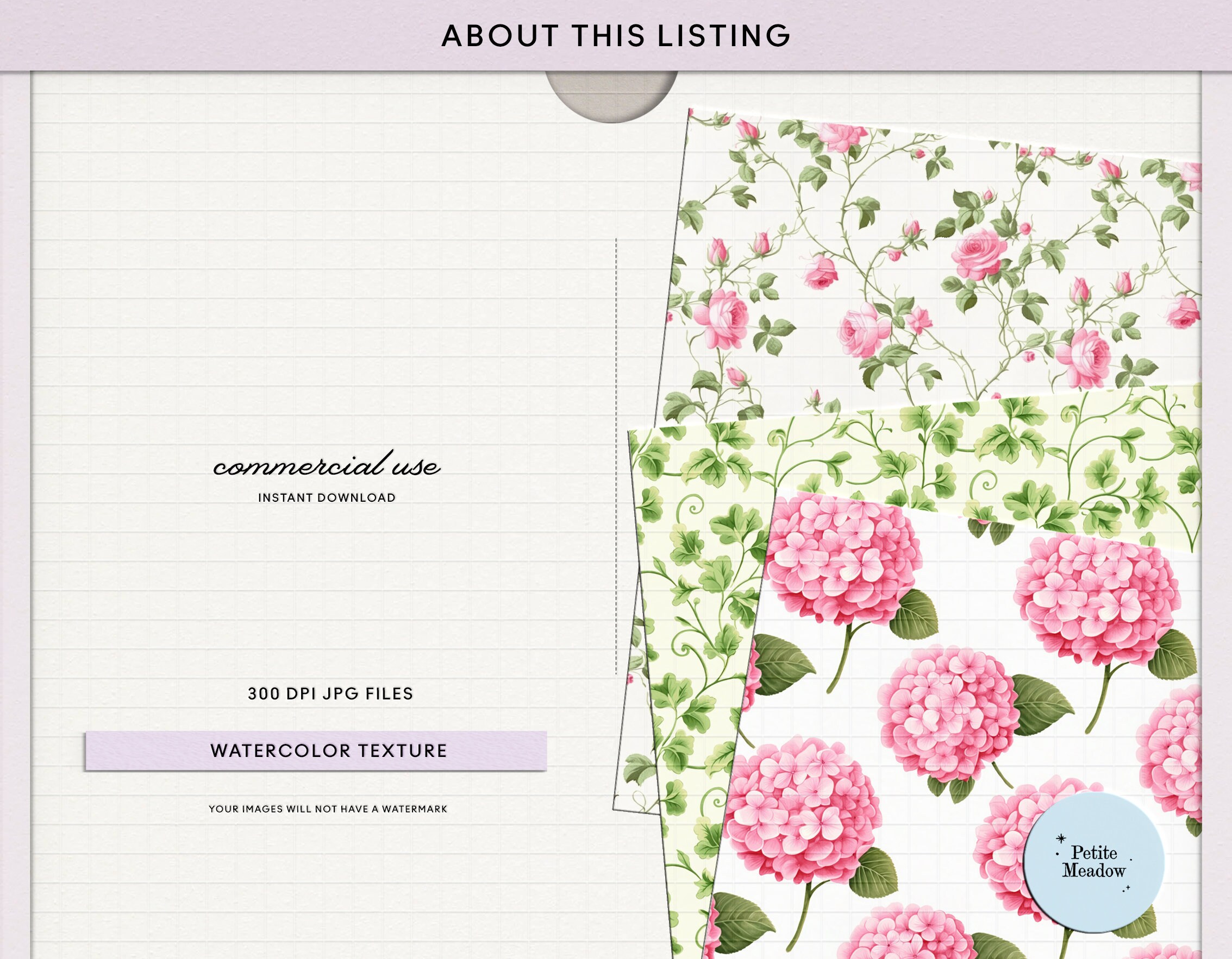 Watercolor Pink Floral Digital Paper Pack, Shabby Chic Roses and ...