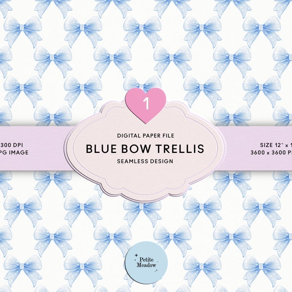 Watercolor Blue Bow Trellis Seamless Pattern Preppy Repeating Pattern Chinoiserie Blue Ribbon Grandmillenial Fabric Sublimation Fabric Print