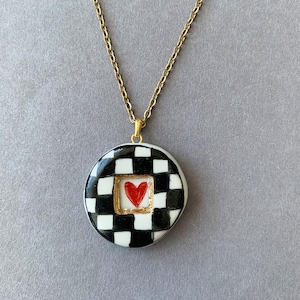 Checkered Charm, Handmade Pendant, Hand Painted Pendant, Summer Necklace, Gift For Her, Mothers Day Gift, Porcelain Pendant, Porcelain Charm