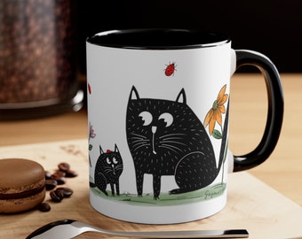 Cats Coffee Mug11oz, Positive ceramic cup, Black funny cats, Cat lover Gift, Cats with flowers mug, Ceramic mug with cats, Cute kitty mug