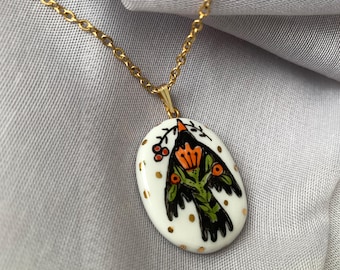 Porcelain Bird Necklace, Hand Painted Ceramic Pendant, Nature Jewelry Gift for Her