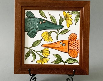 Framed tile art, Funny fishes with flowers, Ceramic tile art, Tille wall decor, Kitchen decor, Hand painting tile framed, Wooden frame