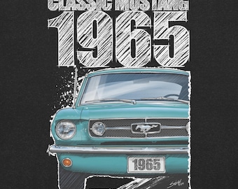 1965 Ford mustang - Pagodengrün - Classic Car Art T-Shirt (dunkle Version, weißer Druck)