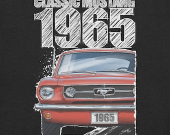 1965 Ford mustang - knallrot - Classic Car Art T-Shirt (dunkle Version, weißer Druck)
