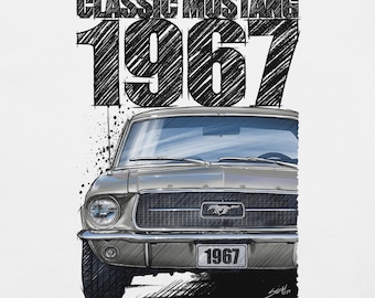 1967 Ford Mustang T-Shirt – Sauternes Gold - Classic Muscle Car Art, Hand-Drawn Vintage Mustang Tee for Enthusiasts