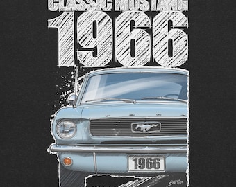 1966 Mustang T-Shirt – Light Blue on Dark Background | Hand-Drawn Classic Car Art